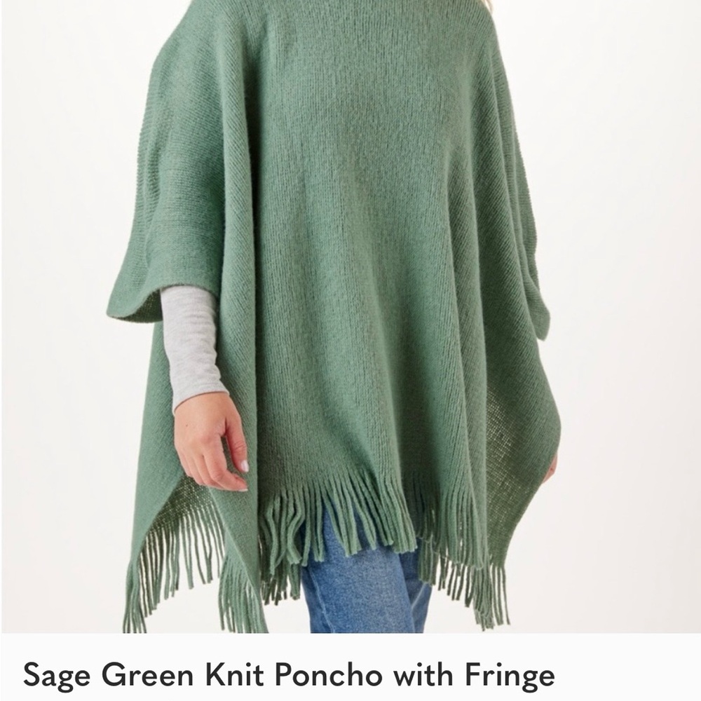 Sage Green Knit Poncho with Fringe